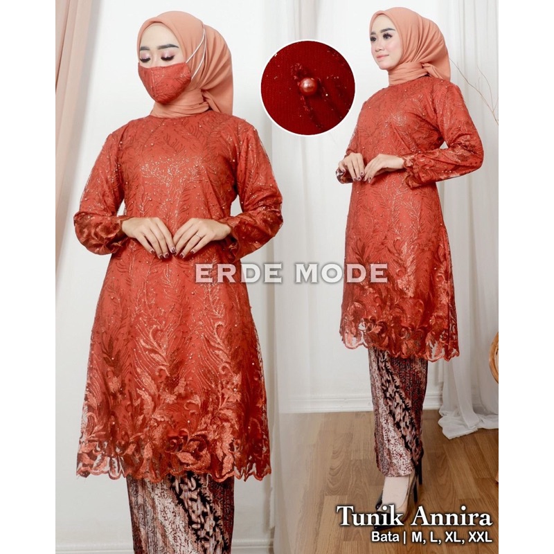 Kebaya Tunik Brokat Tile Aqila Jumbo Ld 120 Set Rok Plisket Batik Baju Wisuda Kondangan Modern