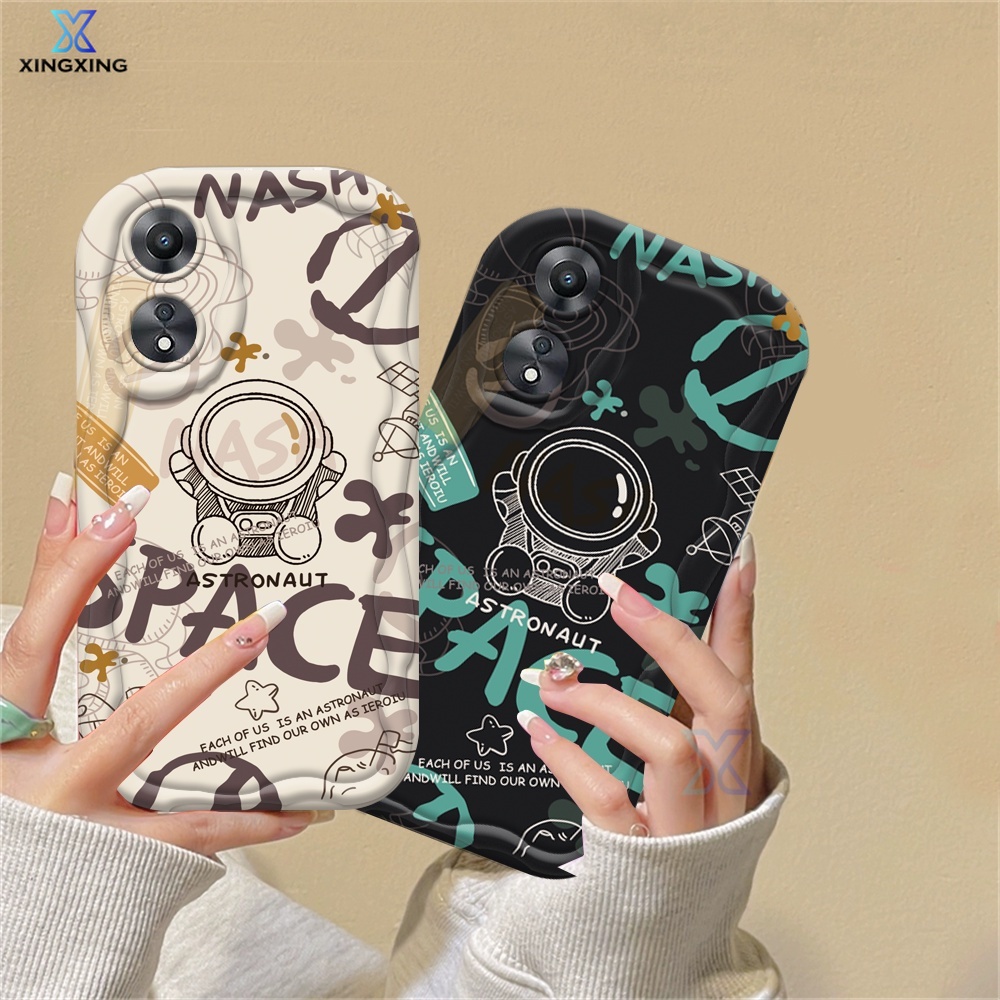Casing hp Oppo A18 A38 A17 A16 A58 A78 A17K A15 A5S A5 A77s A31 A16S A52 A1K A95 A54 A57 A7 A12 A3S A16K A74 A53 A54S A1K F9 A11K Astronaut Spell Letter Pattern Wave Edge Soft Case XingXing