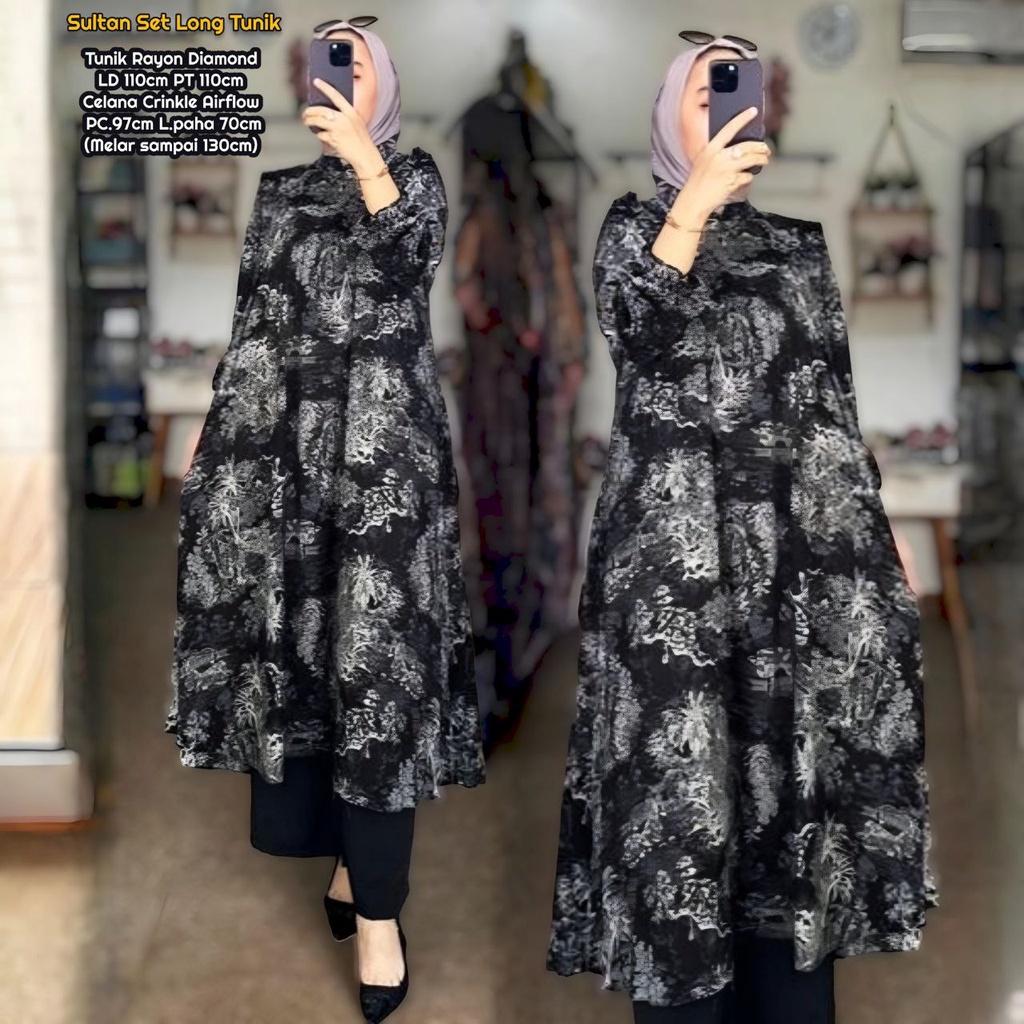 Sultan Set Long Tunik  - One Set Wanita Long Tunik Rayon Diamond Premium Setelan Wanita Kekinian Ruf