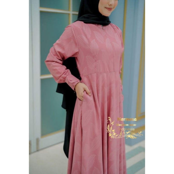 GAMIS EMBOS WOLFIS MOTIF DAUN DUSTY PINK/GAMIS BATIK DUSTY PINK - S