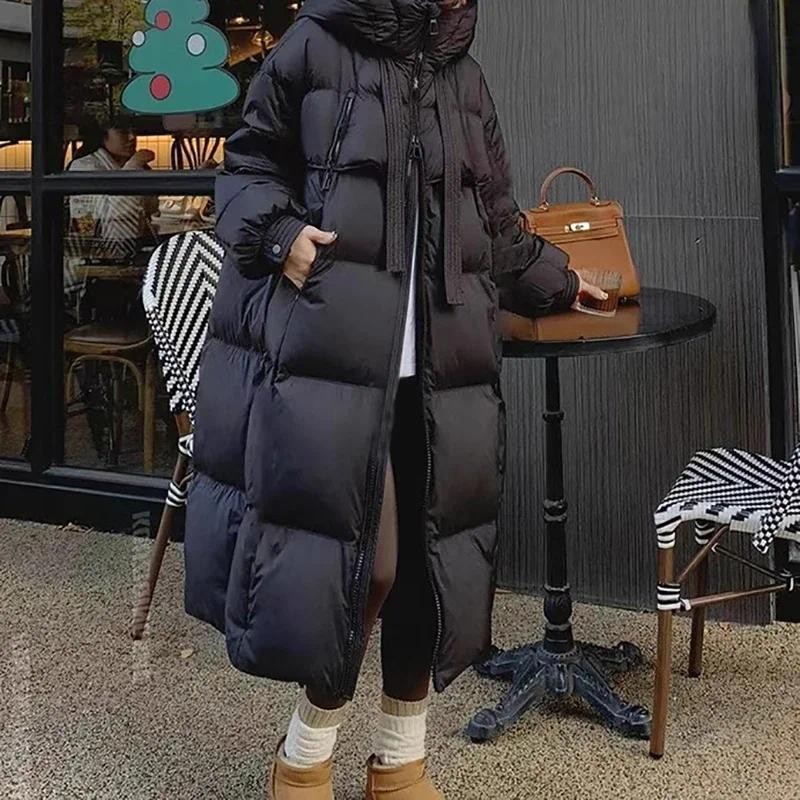 Long Sleeve Zipper Pocket Long Coat Casual Thicken Warm Hooded Down Coat Lady Office Parkas Fall Win