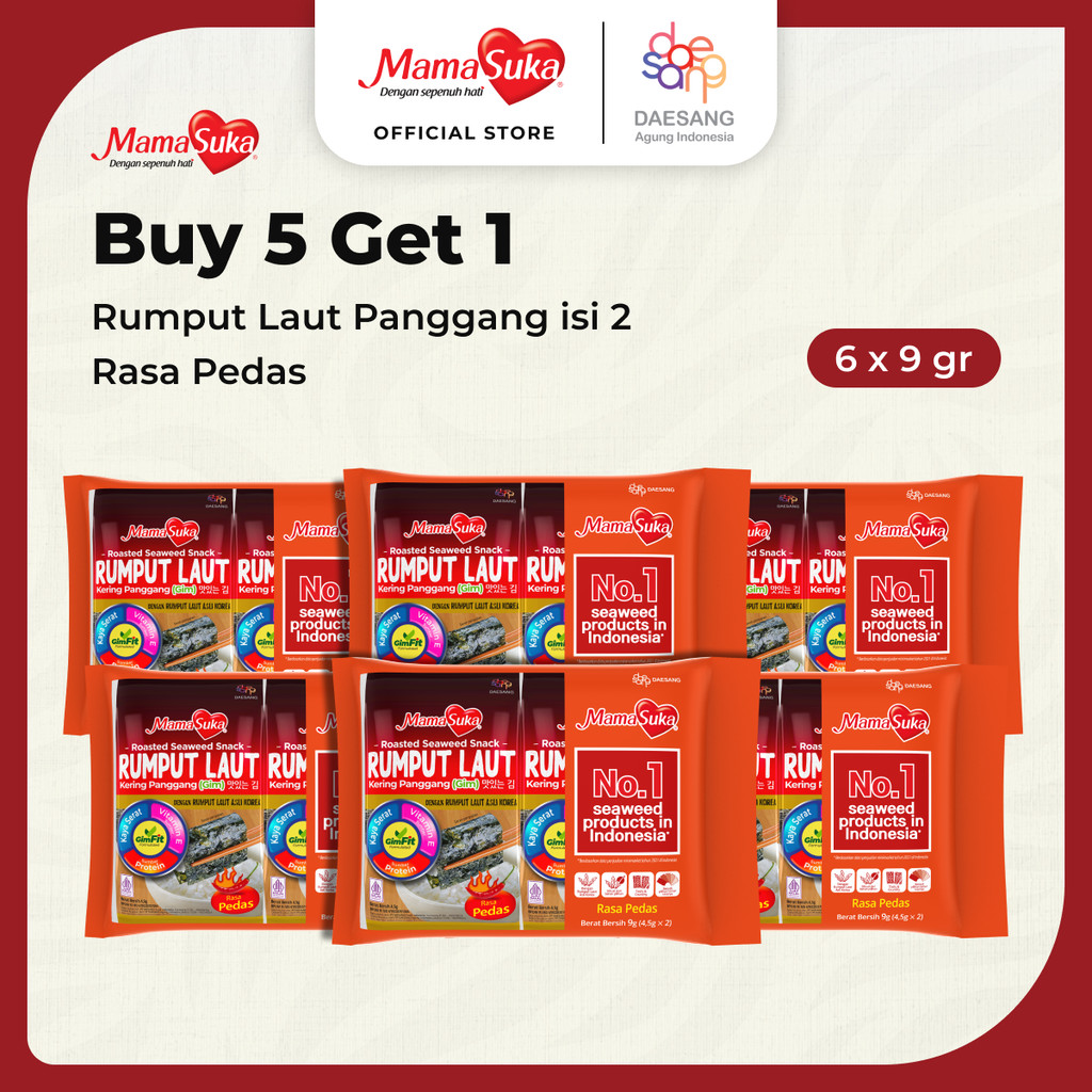 

Buy 5 Get 1 MamaSuka - Rumput Laut Panggang Pedas Isi 2 @4,5 gr