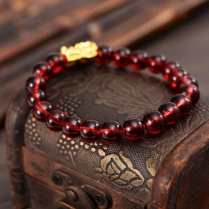 Gelang Keberuntungan Pixiu Emas Batu Giok Merah China Asli Lucky G38