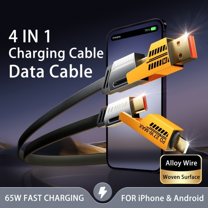 Kabel Data USB 4 in 1 65W 27W Quick Fast Charging Charge PD TYPE C to C Kabel Casan 4in1 C to Lightning iOS Android USB to C USB to Lightning Nylon Multiple Charging Cable