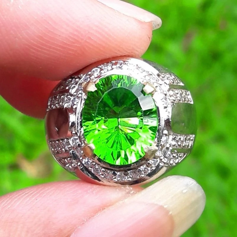 CINCIN PRIA AKIK PERMATA BATU MOLDAVITE TEKTITE CUTTING RING PERAK BANGKOK 926 SIAP PAKAI
