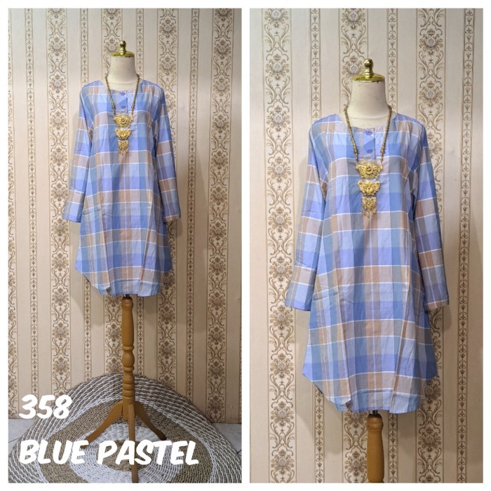 Trend Muslim~ Tunik ( mini dress) katun kotak2 saku fungsi lengan bisa di lipat - 358 Blue Pastel
