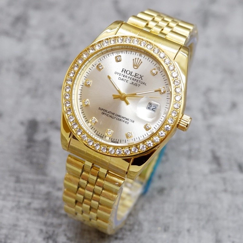 Jam Tangan Wanita Rolex Original Tali Rantai Motif Mata / Gerigi Tanggal Aktif Free Box Rolex & Bate