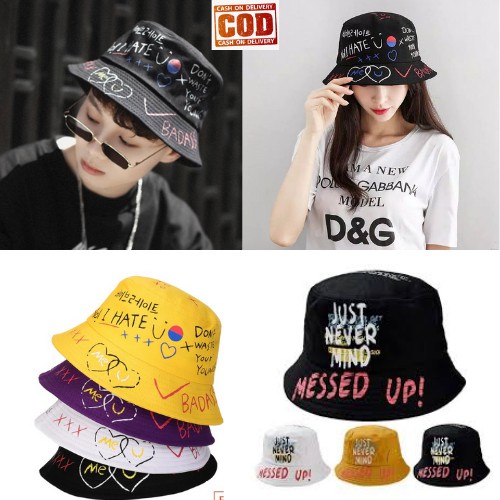 TOPI BUCKET HAT KOREA LAKI CEWE SABLON BADAS MURAH MAKASSAR