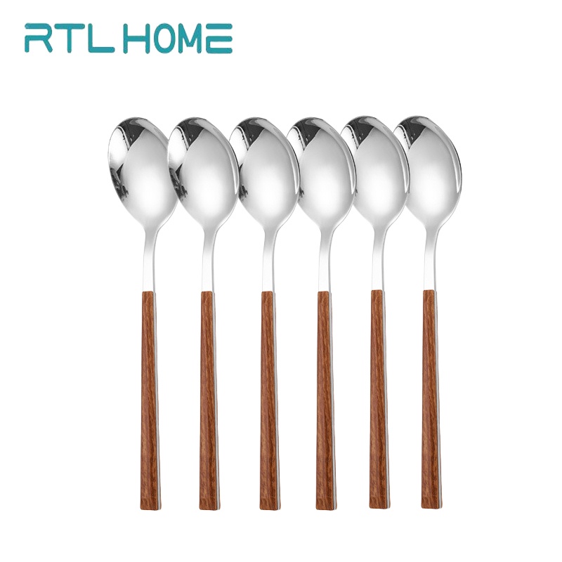 RTL Sendok Makan Tebal Isi 6pcs Gagang Motif Kayu Stainless Steel Berkualitas