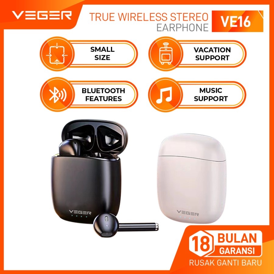 COD Headset TWS V5.0 VEGER VE-16 Headset Bluetooth Waterproof IPX4