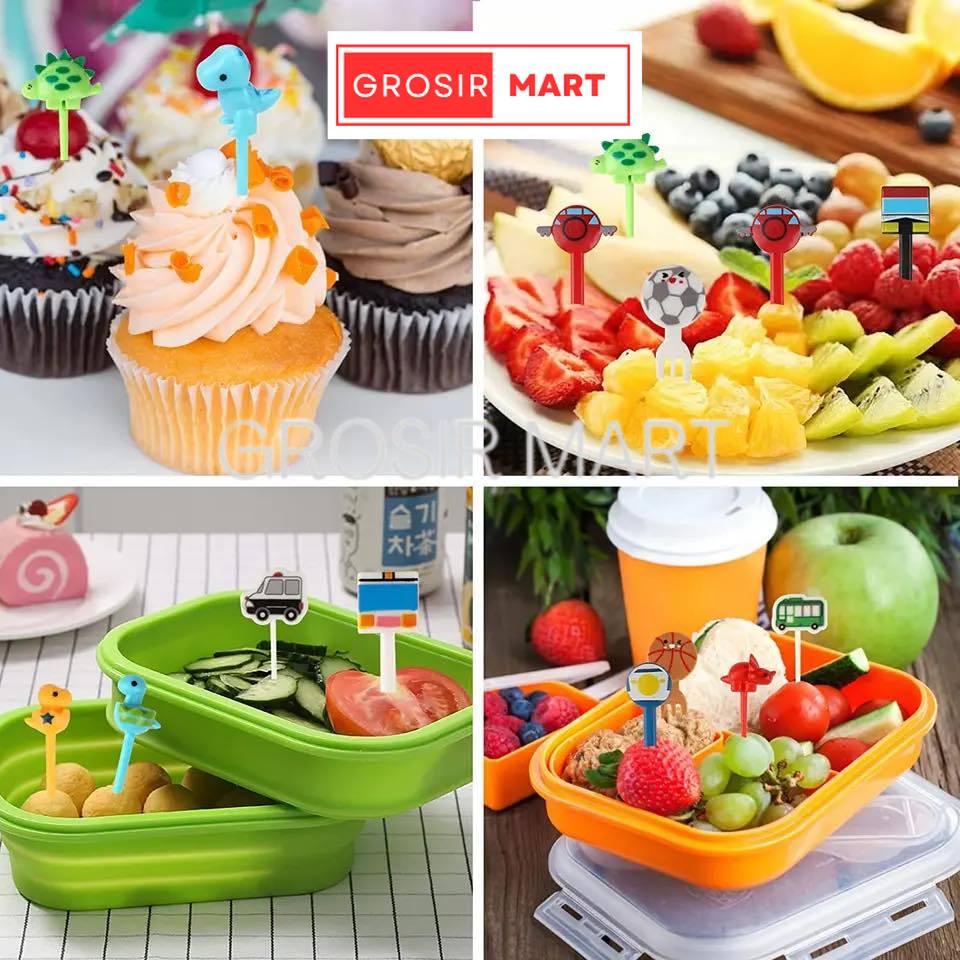 GrosirMart Tusukan Bento Karakter Gemoy Garpu Bento Buah Kue Dessert Foodpicks Dekorasi Hias Bento Motif Mata Hewan Daun Kacamata Dino Mobil Lucu Lunch Anak