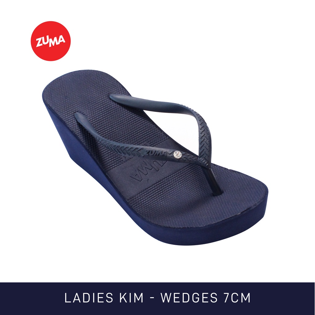 Zuma Women Kim 6 Navy, Sandal Jepit Wanita Wedges Karet Polos, Biru Tua