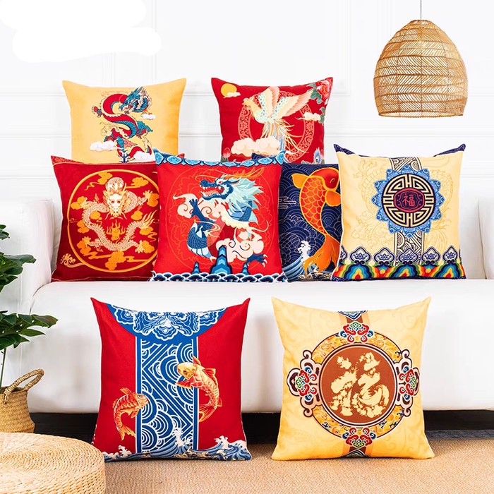 Sarung Bantal Motif Oriental Dekor Tahun Baru Imlek Pillow Case Kain Sarung Bantal Hoki Fu Merah Kad