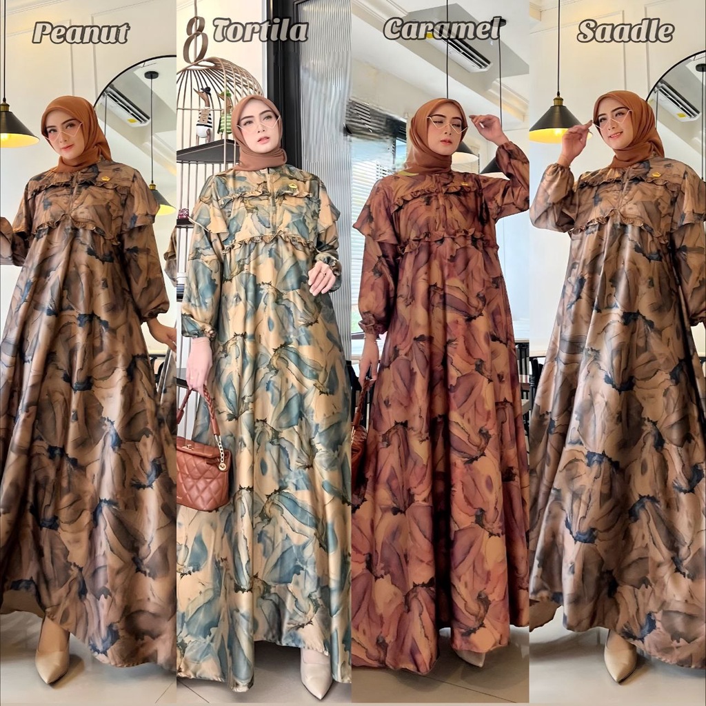 Azzura Gamis Terbaru Armani Silk Brown Dress Wanita Lengan Panjang Baju Muslim Ruffel Polos Kekinian LD 110 cm
