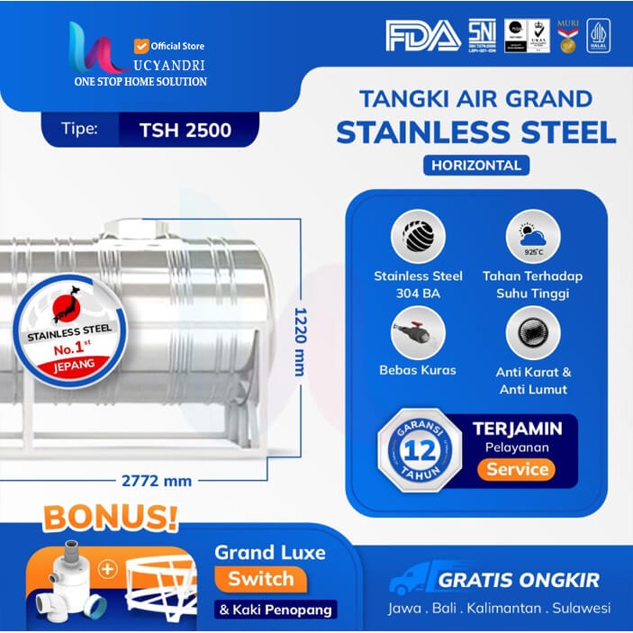 Tangki Air Tandon Stainless Horizontal Grand Type TSH 2500 Kap 2000 L