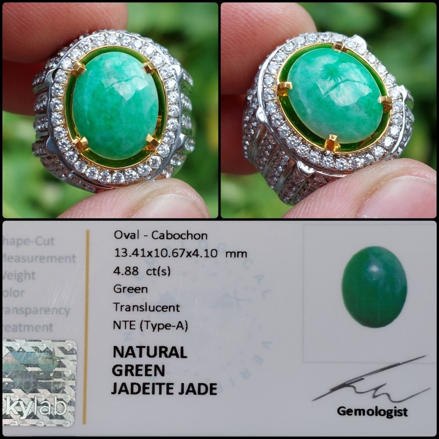 Cincin Giok Hijau Batu Asli Natural Jadeite Jade Pria Permata Akik Ori Top