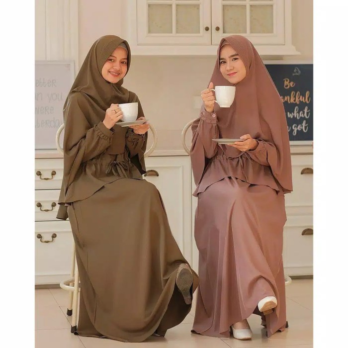 Laras Syari S M L XL | Set Gamis + Khimar | Setelan Hijab Syari |Naomi - army, standart S-M
