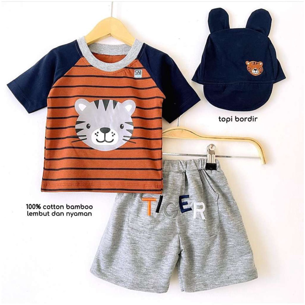Setelan bayi stripe bohemian tiger Baby dengan topi