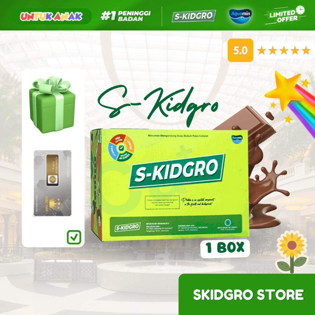 

S-KIDGRO PENINGGI BADAN ANAK SUSU SKIDGROW FULL KALSIUM PROTEIN & DHA ( 1 BOX ISI 10 SACHET ) FREE MINI EMAS! BISA COD! ORY