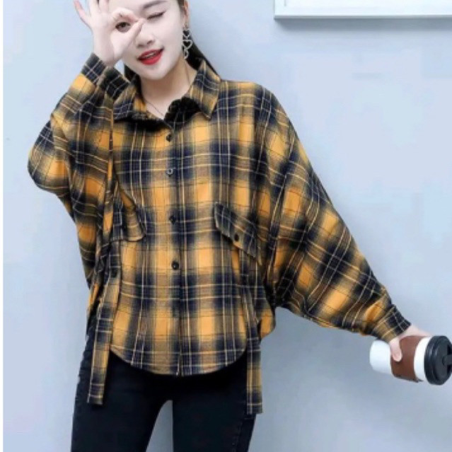 KEMEJA BATWING KOREA TERBARU | OUTER BALON | KEMEJA FLANEL WANITA | KEMEJA OVERSIZE