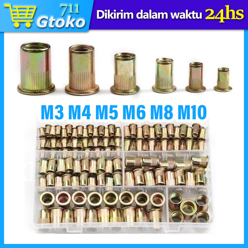 Rivet Nut Mur Tanam Rivnut Bibir Tebal Flat Nutsert Carbon Steel 1 Box 175 Pcs M3 M4 M5 M6 M8 M10