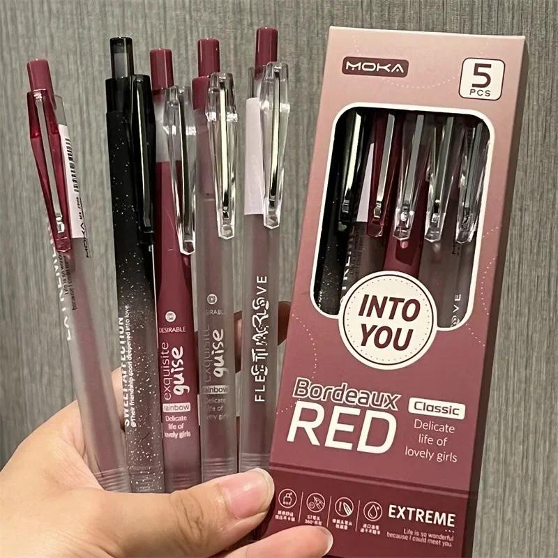 

5pcs Cute Gel Pen Retro American Style Red Color Series Stationery Gel Pen 0.5mm Black Ink Scrapbook Pen Back To School Student