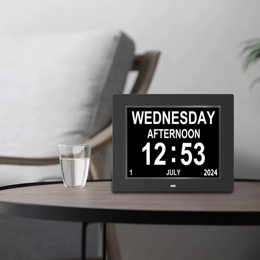 

7 inch Digital Calendar Alarm Clock with 4 Alarm Options&10 Languages,Photo Frame Media Player,large Dementia Alzheimers Clock