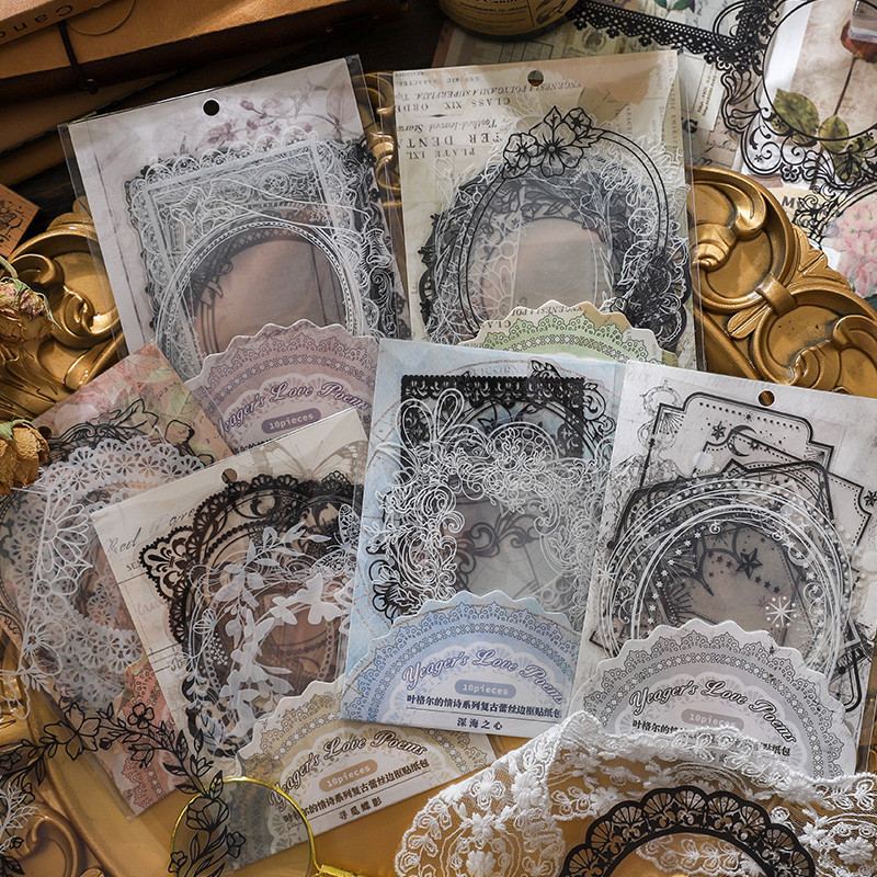 

10pcs/pack Kawaii Lace Sticker Vintage Lace Heart Frame Cute DIY Decorative Stickers for Art Craft Scrapbooking