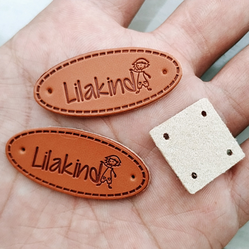 

500PCS Custom Brown pu leather hand sewing label 4 * 1.8 cm embossed logo clothing Leather Labels