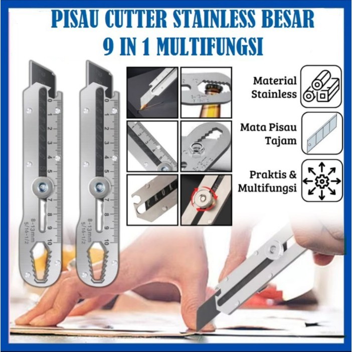 

SS3 9 In 1 Cutter Karter Carter Stainless Besar Penggaris Besi 10 CM Pisau Potong Kertas Kardus Paket Kunci Pas Alat Buka Tutup Botol TOOL PART