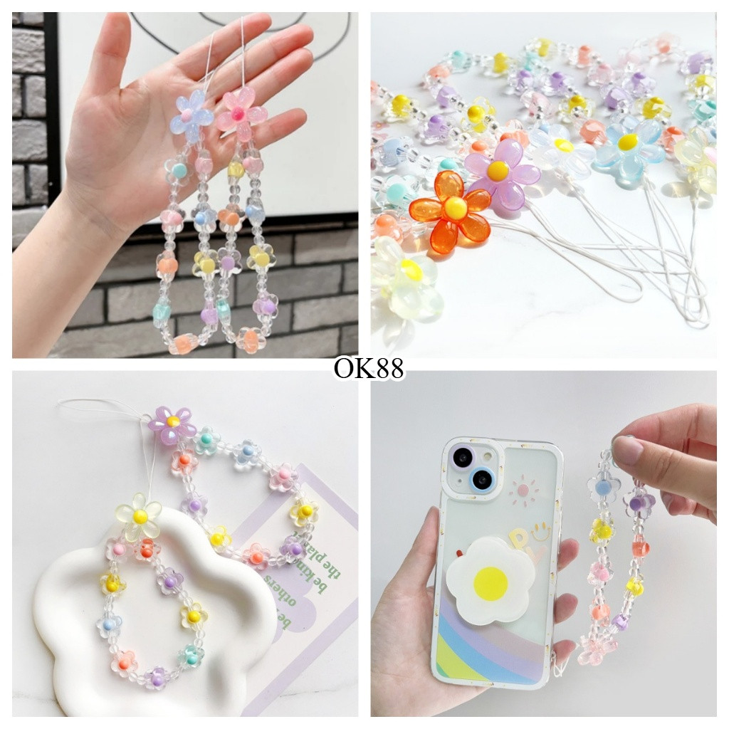 Lanyard HP Transparan Korea - Rantai Manik Warna Pastel dengan Hiasan Bunga