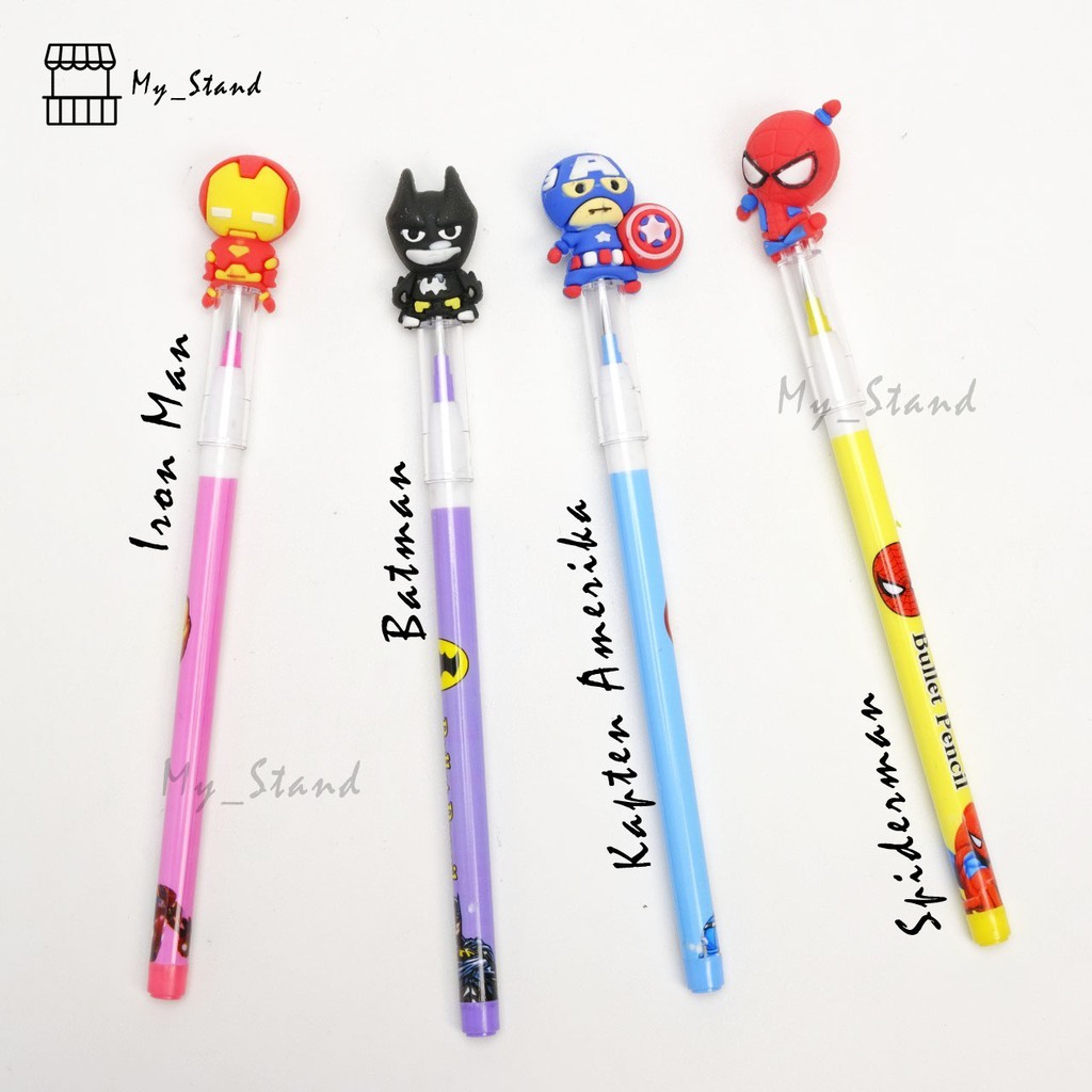 

Pensil Batman Spiderman Ironman Kapten Amerika Peluru Lantu Susun Refill Isi Super Hero Avenger