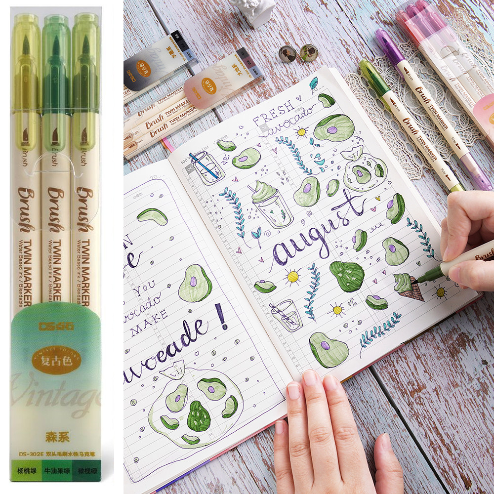 

3pcs Retro Color Brush Marker Pens Set Dual Side Fine Liner Water Based Ink Blendable Watercolor Art Paint Drawing F133