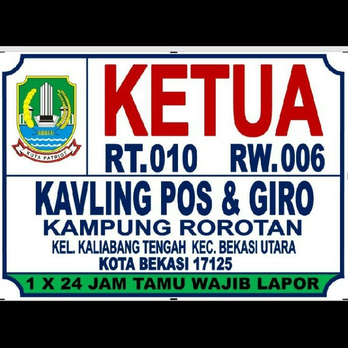 

PAPAN NAMA / PLANG / PLAT KETUA RT - RW - BENDAHARA -SEKERTARIS