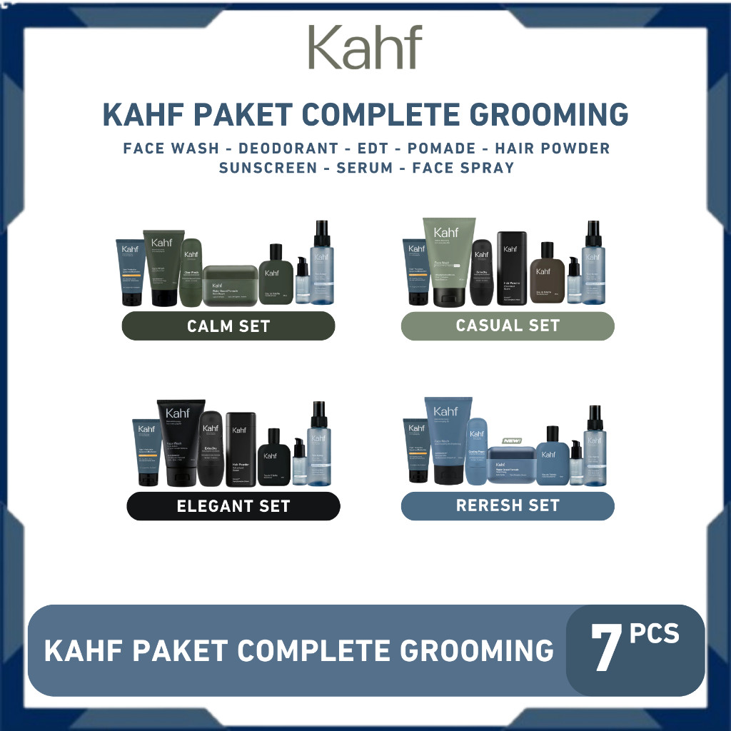 Kahf Paket Complete 7in1 - Facewash, Deodorant,EDT, Pomade,Hair Powder, Sunscreen, Serum, Face Spray