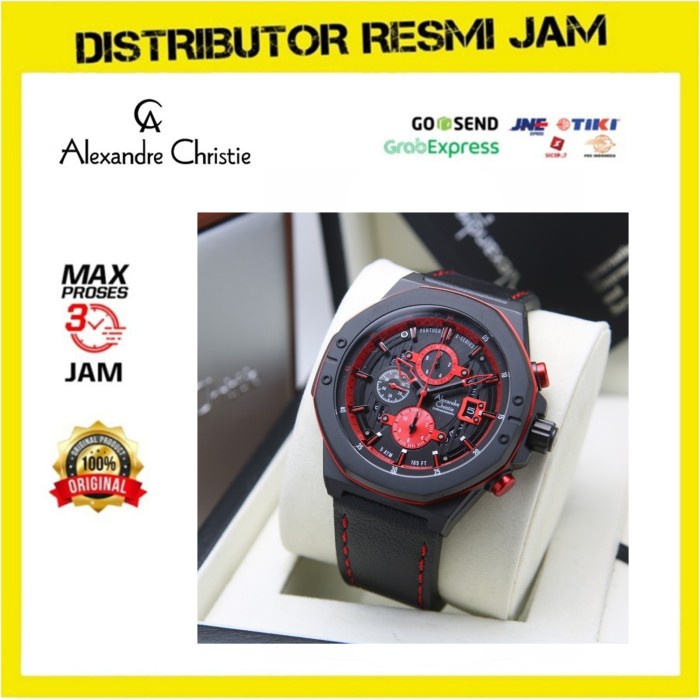 Jam Tangan Pria Alexandre Christie AC 6597 / AC6597 Leather Original - Black Red