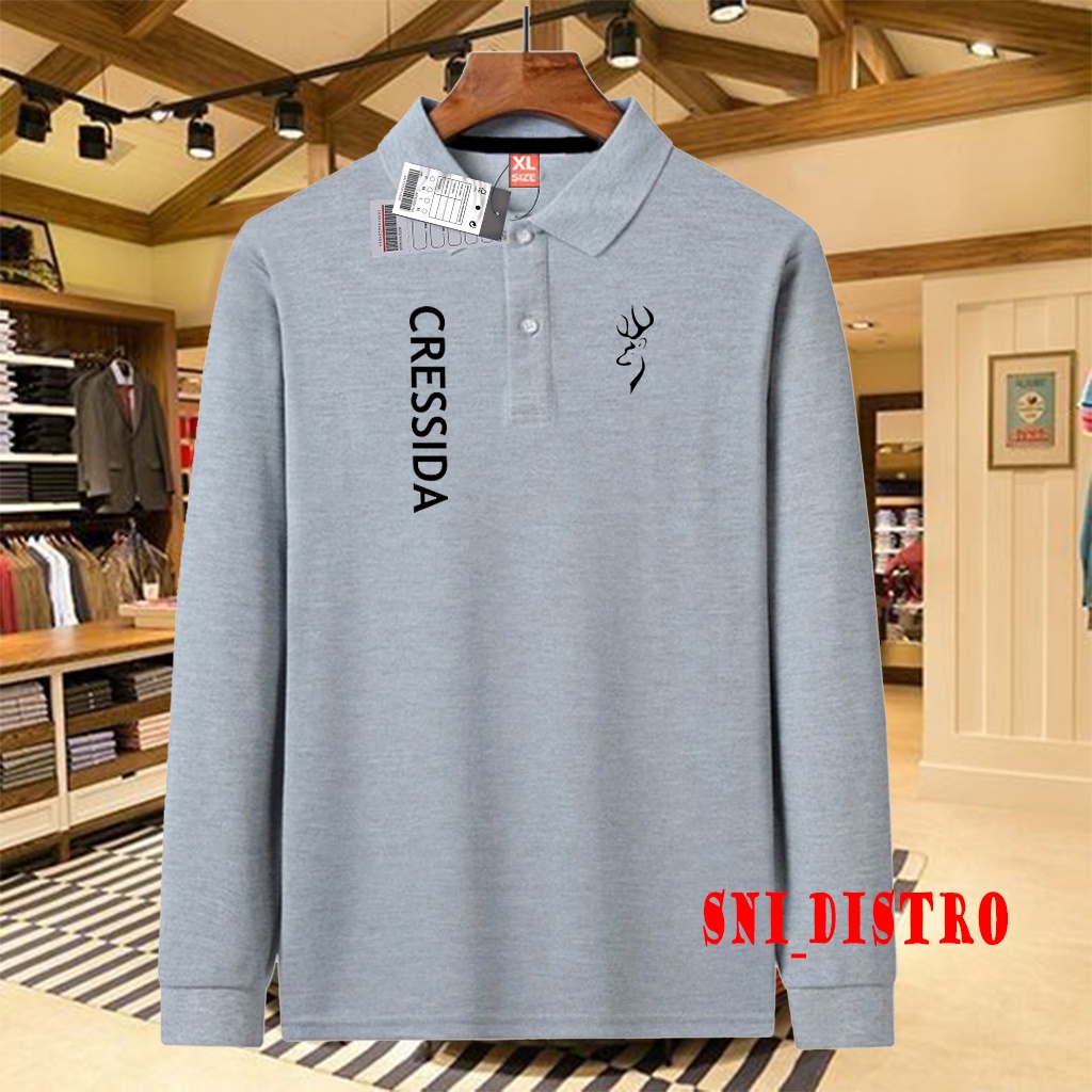 Kaos Polo Kerah Lengan Panjang Pria & Wanita Cressida Logo Kiri Kanan Text Hitam / Premium Quality /