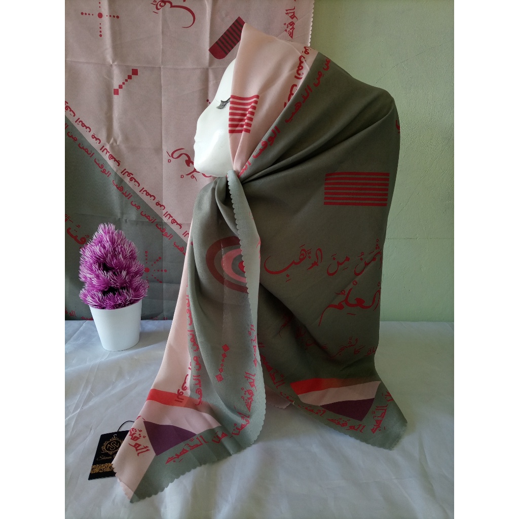 Jilbab Arab Segiempat Motif Tulisan Pegon Ala Santri Warna Pink Abu Kerudung Santriwati Pondok Pesan