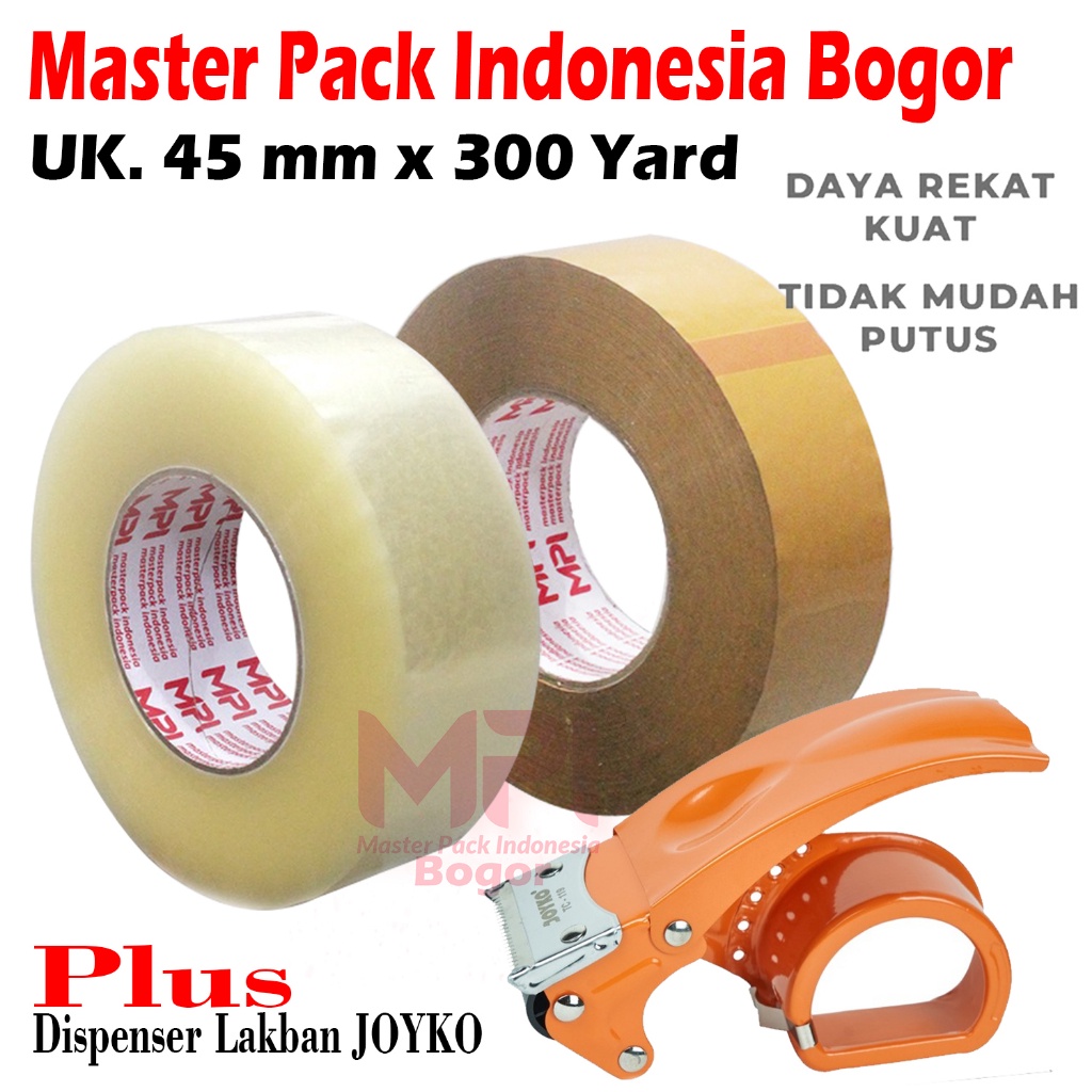 

Lakban Coklat - Lakban Bening Coklat MPI 45 mm x 300 yard + Dispenser Lakban Joyko Besi
