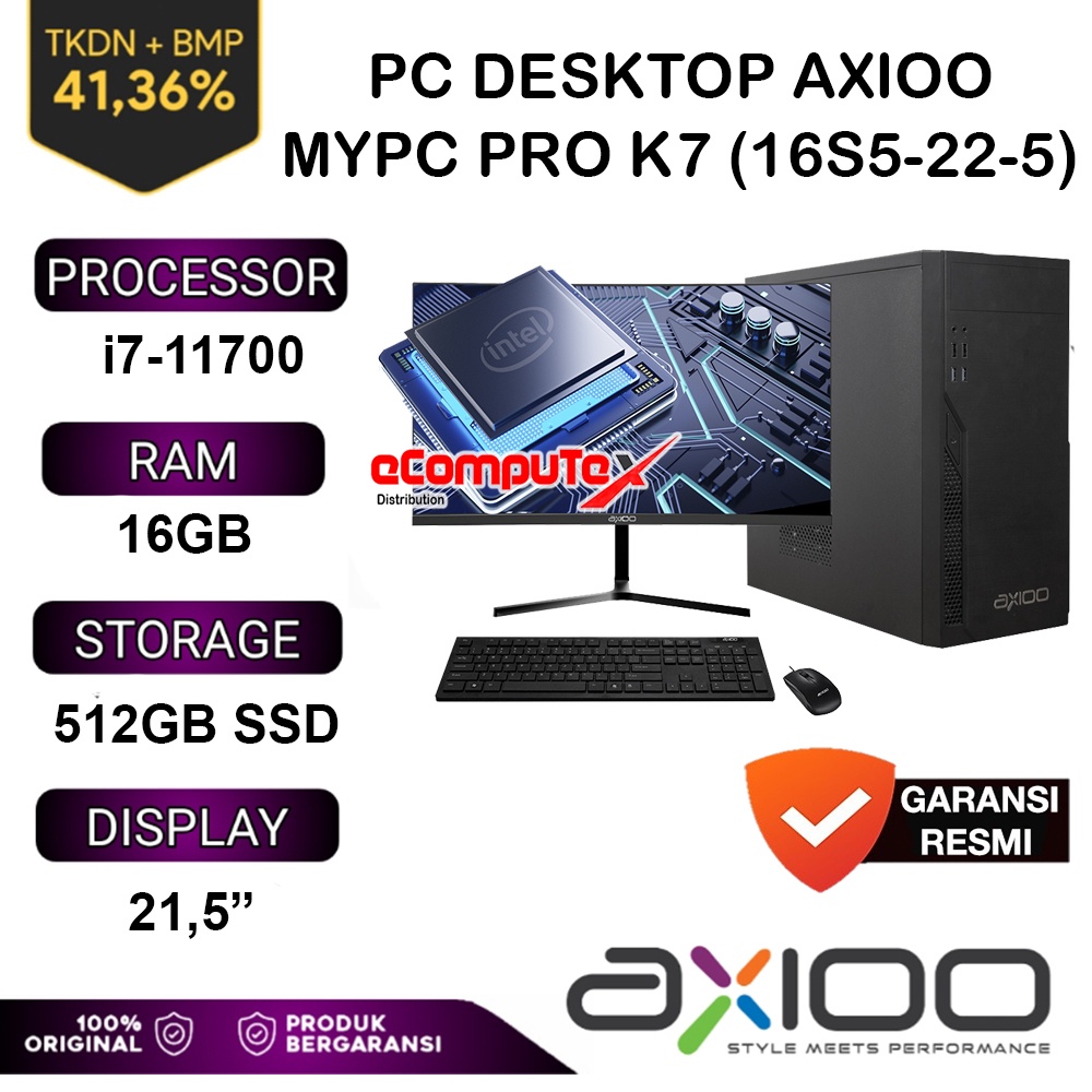 PC DESKTOP AXIOO MyPC Pro K7 (16S5-22-5) i7-11700 / 16GB / SSD 512GB  22" TKDN - GARANSI RESMI