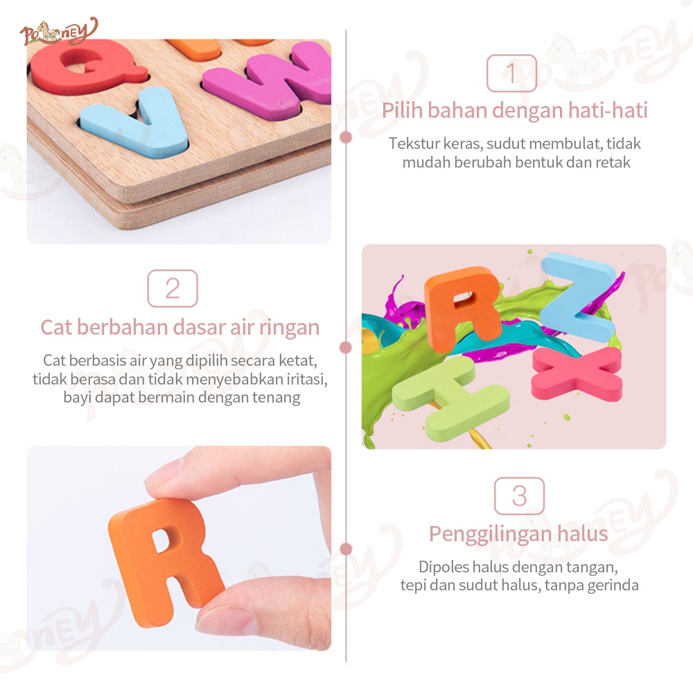 Poney 3PCS Puzzle huruf dan angka Puzzle alphabet Puzzle kayu 3D