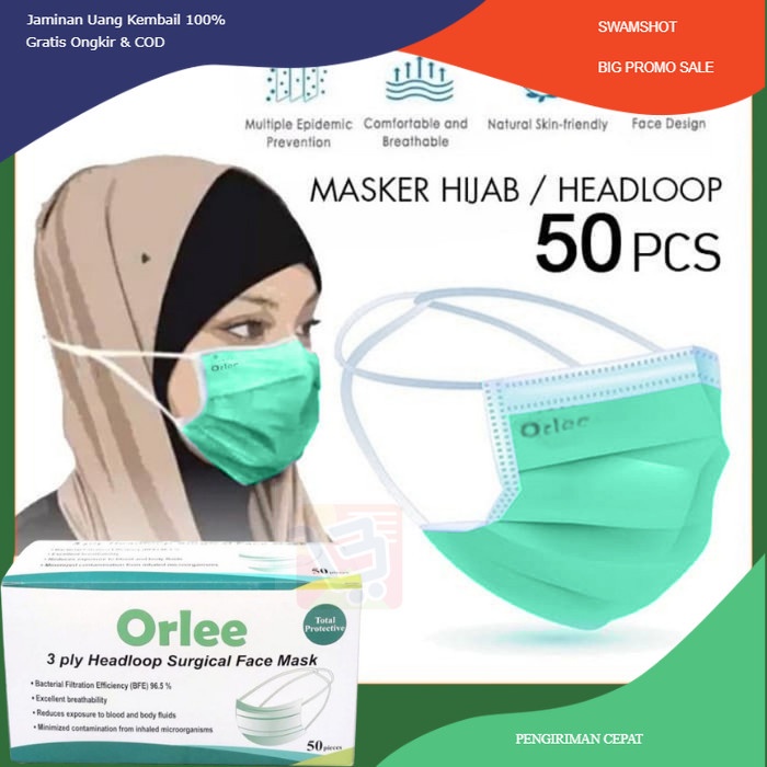 Masker Bedah Medis 3ply 3 ply Headloop Hijab ORLEE surgical kemenkes