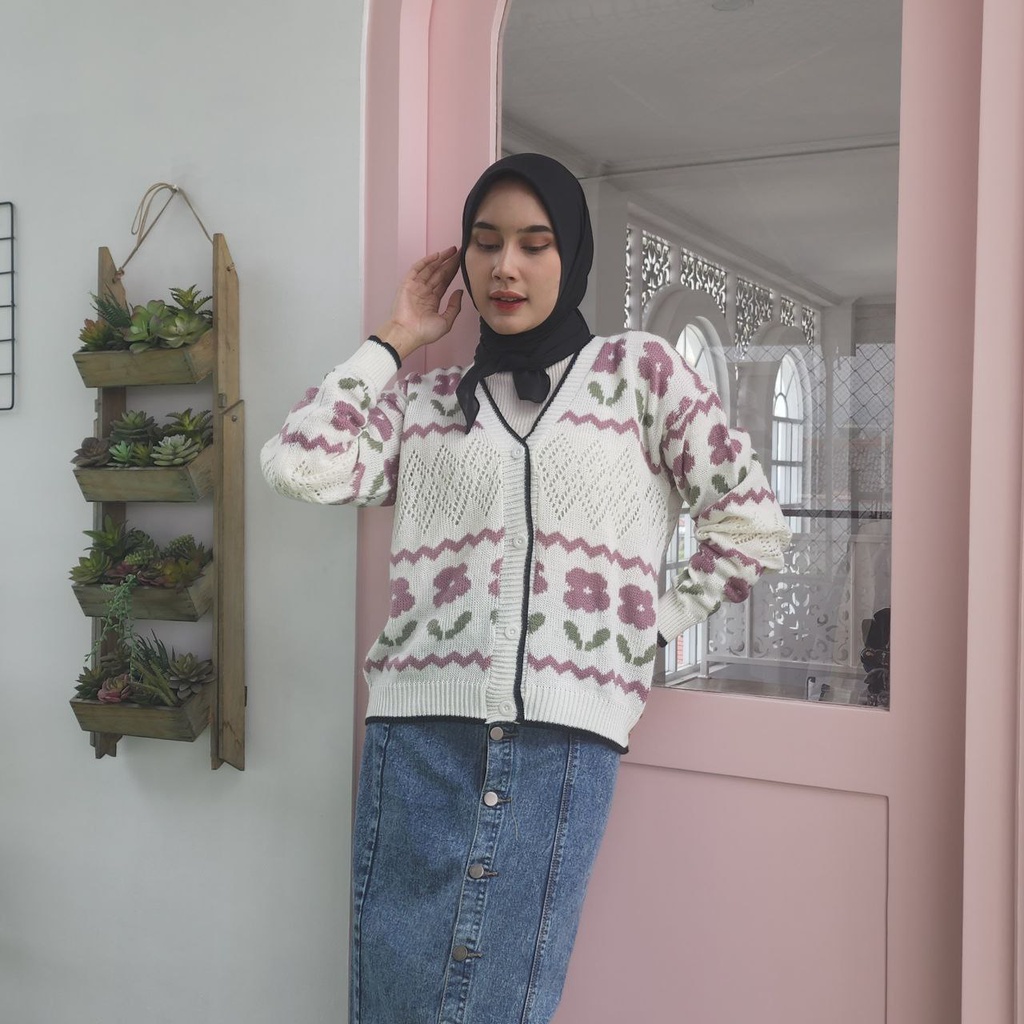 NOUSKA - BUNGA YURA OUTER CARDIGAN Rajut Wanita Korea Motif Bunga Lucu Korean Style