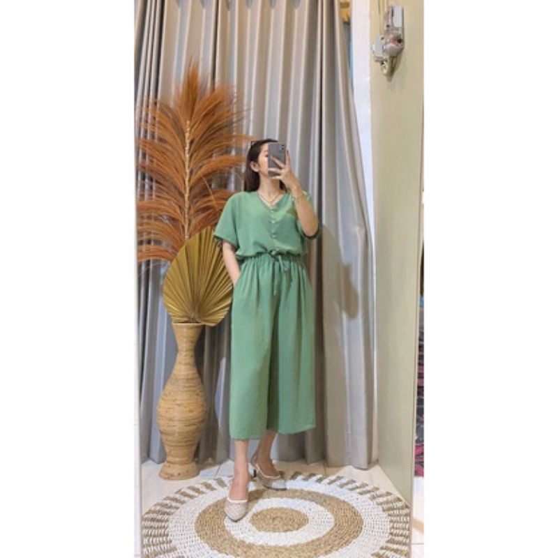 Tania One Set Kancing Crinkle / Setelan Kulot Lengan Pendek / One Set Crinkle Lengan pendek / one se