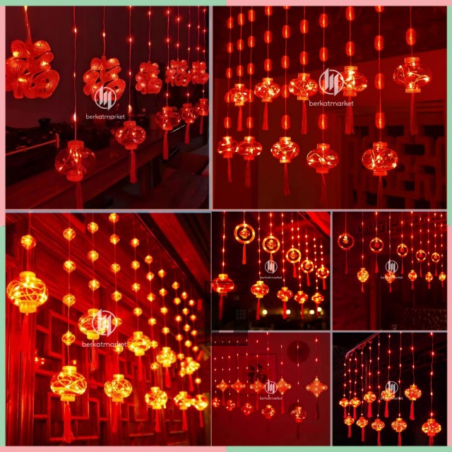 Lampu Lampion Hias Led Bola Gantung Merah Putih Dekorasi Hiasan Pajangan Tempelan Pohon Imlek Natal 