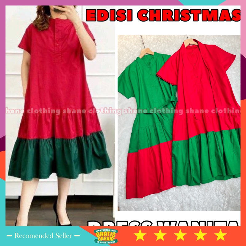 Baju Lebaran Natal Dress Murah Wanita Korean Style Keren - SHANE CLOTHING DRESS WANITA NATAL/ IMLEK 