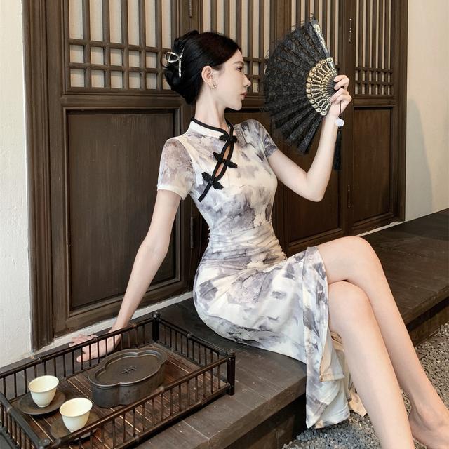 Improved cheongsam mesh printed sexy pleated dress