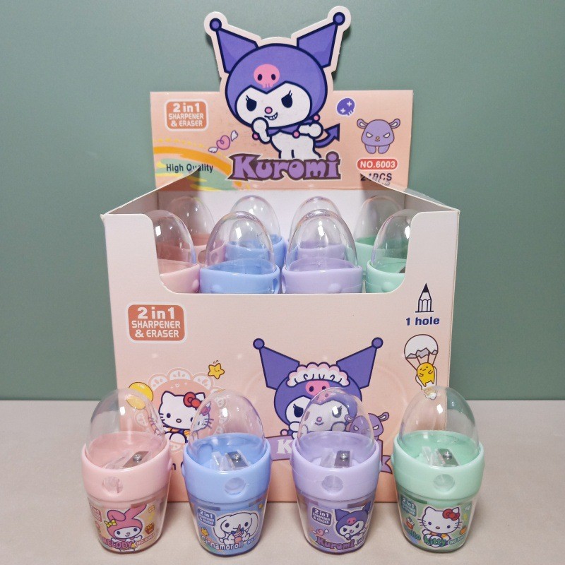 

Sanrio 24pcs milk tea cup single hole pencil sharpener eraser two-in-one cute Kuromi Melody pen sharpener pencil sharpener prize