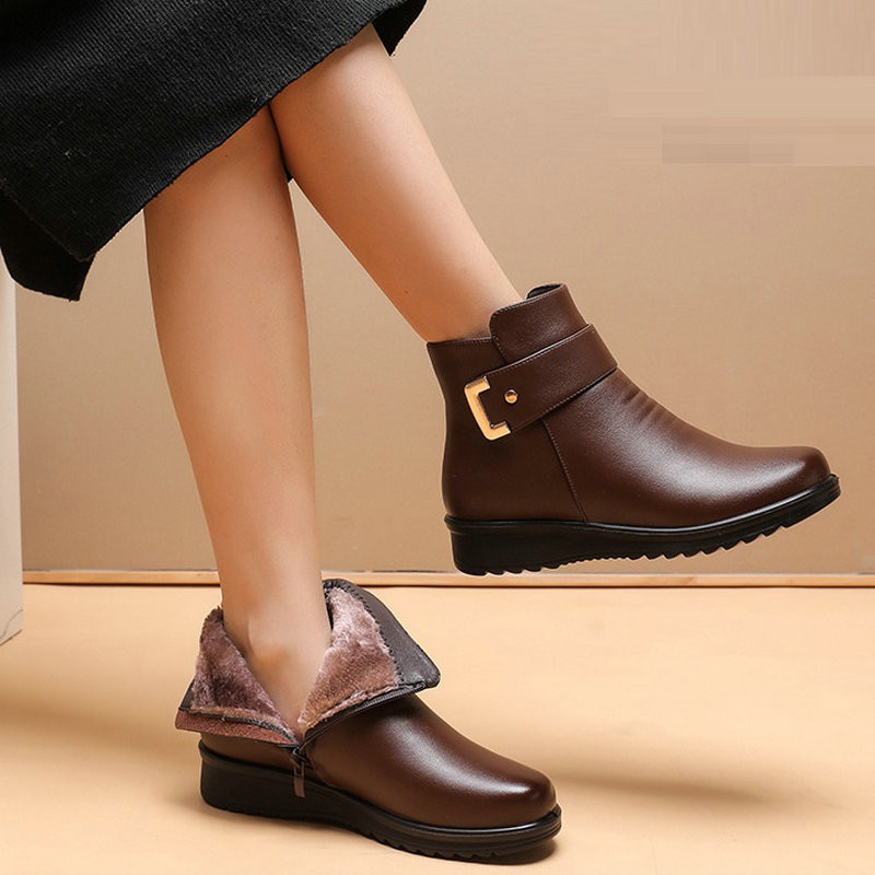 

High Quality Fashion Winter BlackBoots Women Leather Warm Fur Ankle Boots Mother Outdoor Leisure Non-slip Snow Boots Woman Shoes