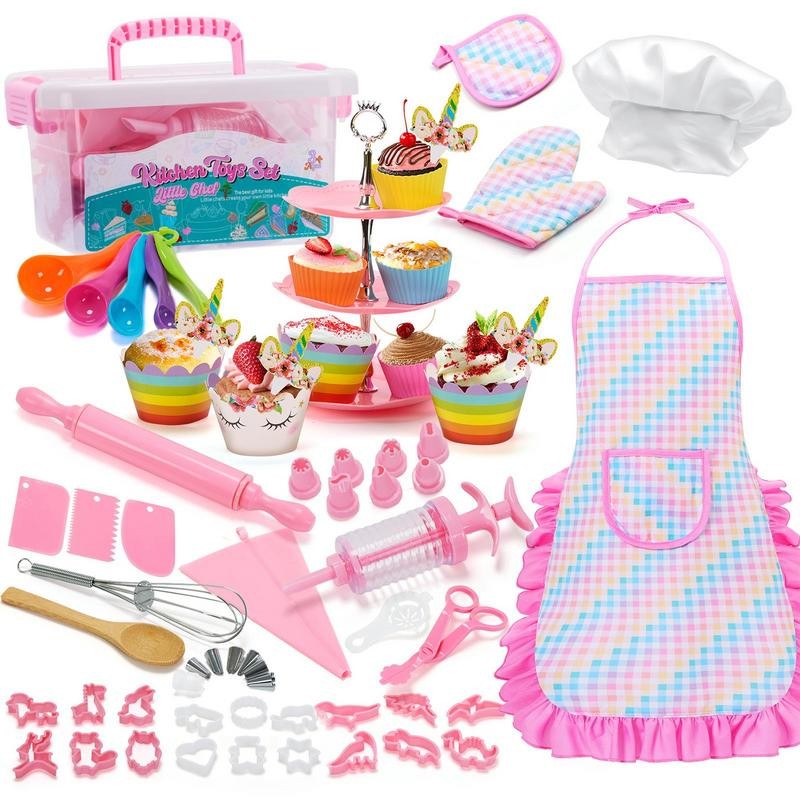 Kids Chef Set Kids Cooking And Baking Toy Set With Storage Case 64Pcs Complete Cooking Supplies For 